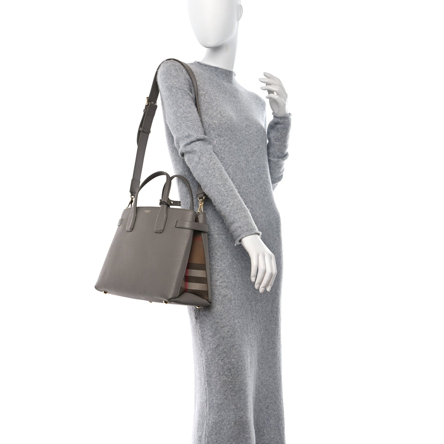 Grainy Calfskin House Check Medium Banner Tote Taupe Brown
