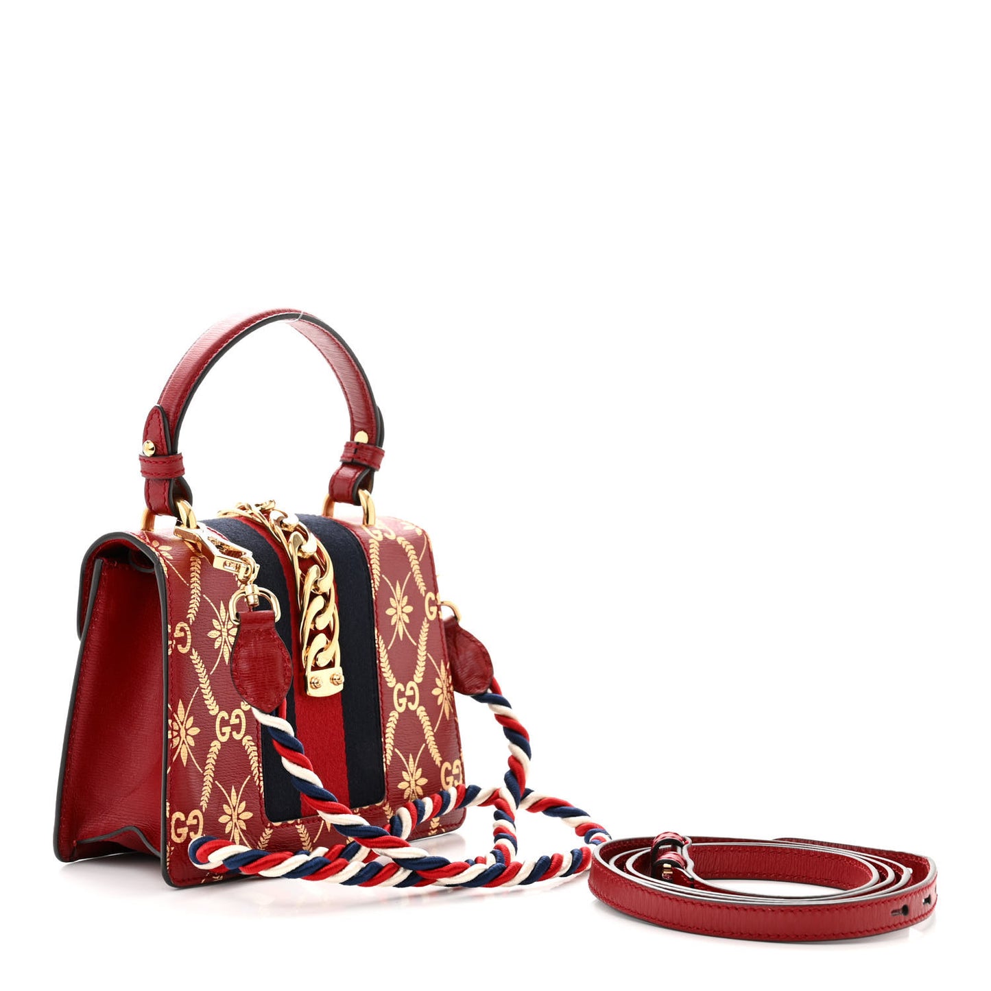 Textured Calfskin Bee Star Print Mini Sylvie Top Handle Bag Hibiscus Red