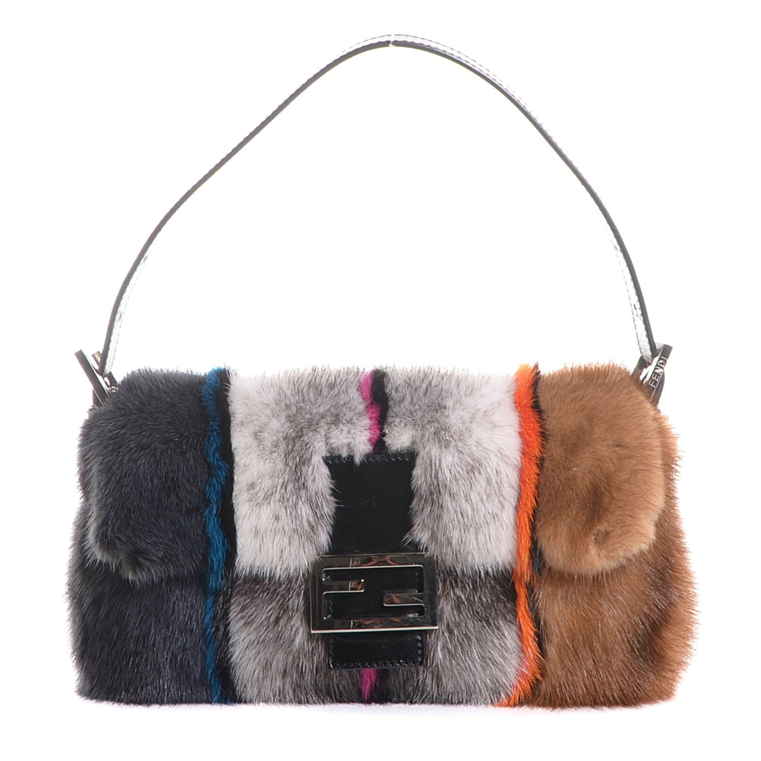 Fendi Mink Fur Striped Baguette Natural Multicolor 94878