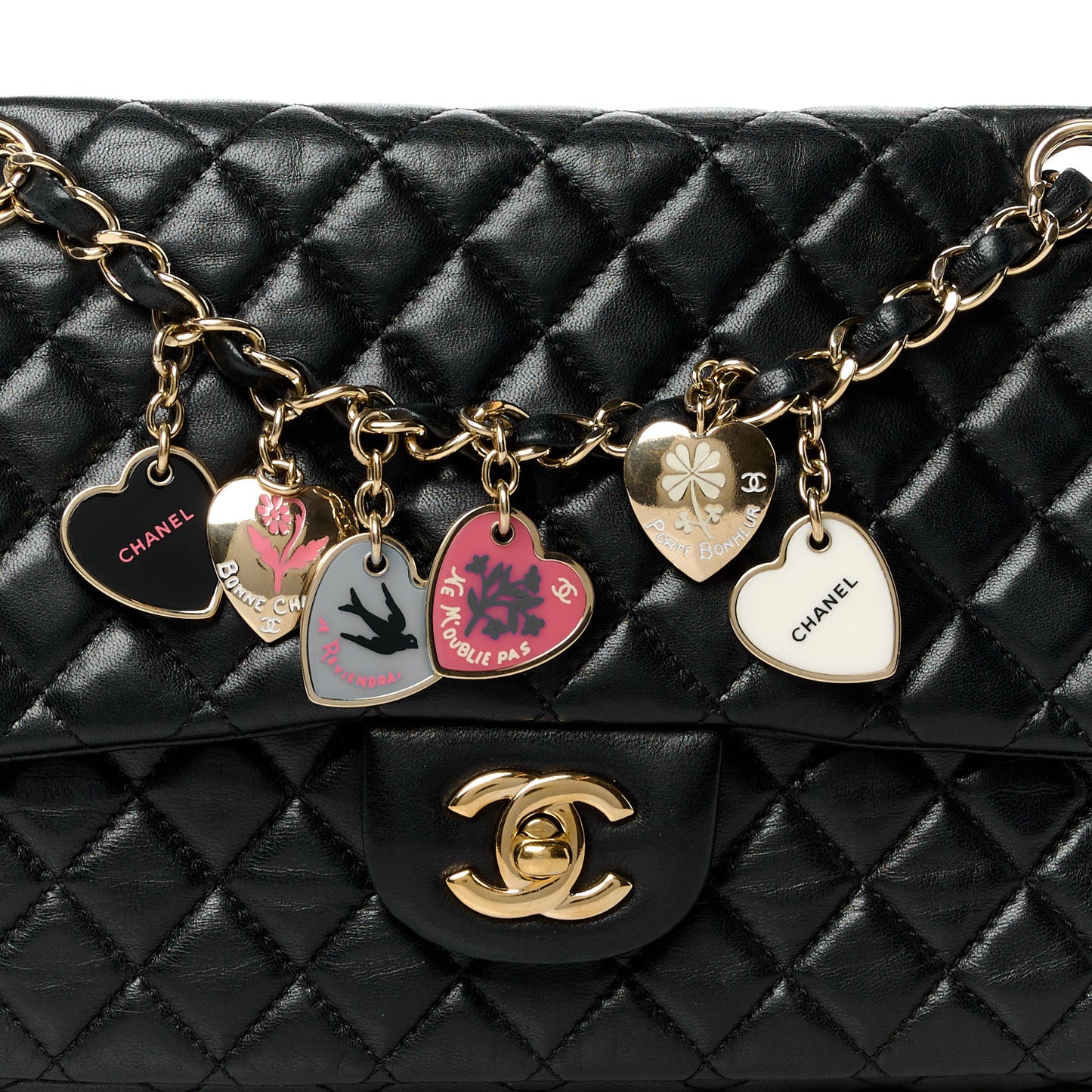 Lambskin Quilted Valentine Charms Medium Single Flap Black