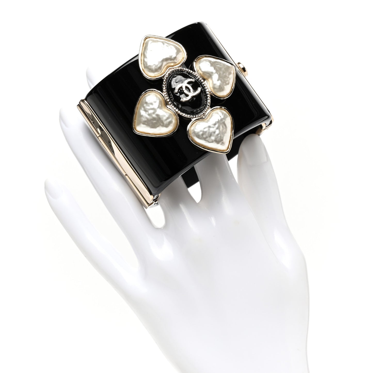 Resin Pearl Enamel CC Cuff Bracelet Black Pearly White Gold