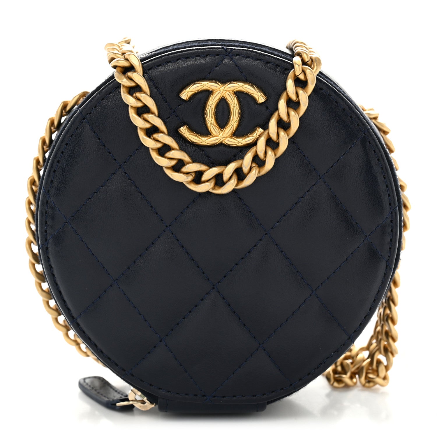 Chanel Lambskin Quilted Pillow Crush Round Clutch With Chain Navy