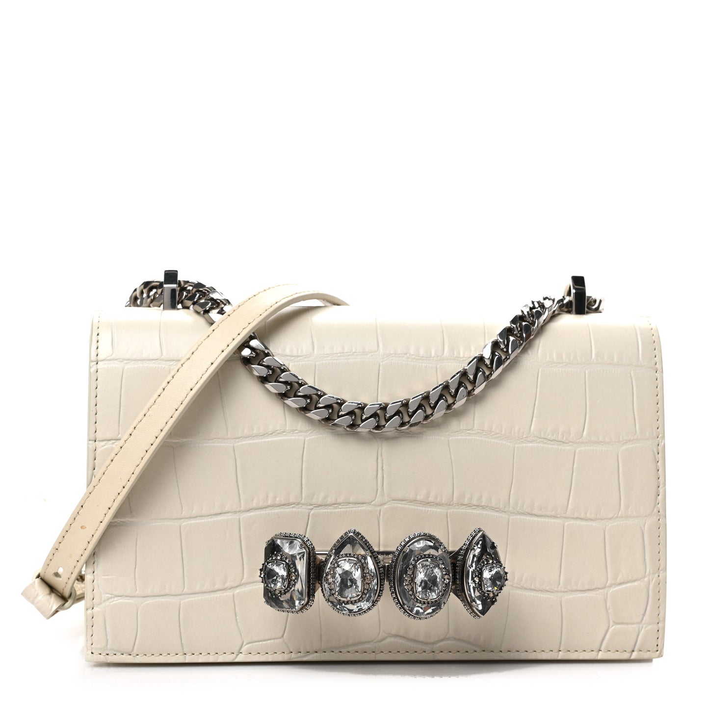 Shiny Calfskin Crocodile Embossed Knuckle Jeweled Crossbody White