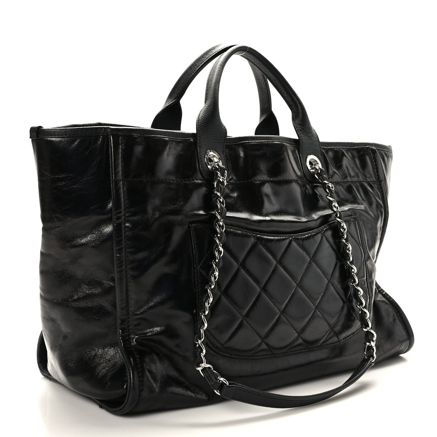 Glazed Calfskin Medium Deauville Tote Black