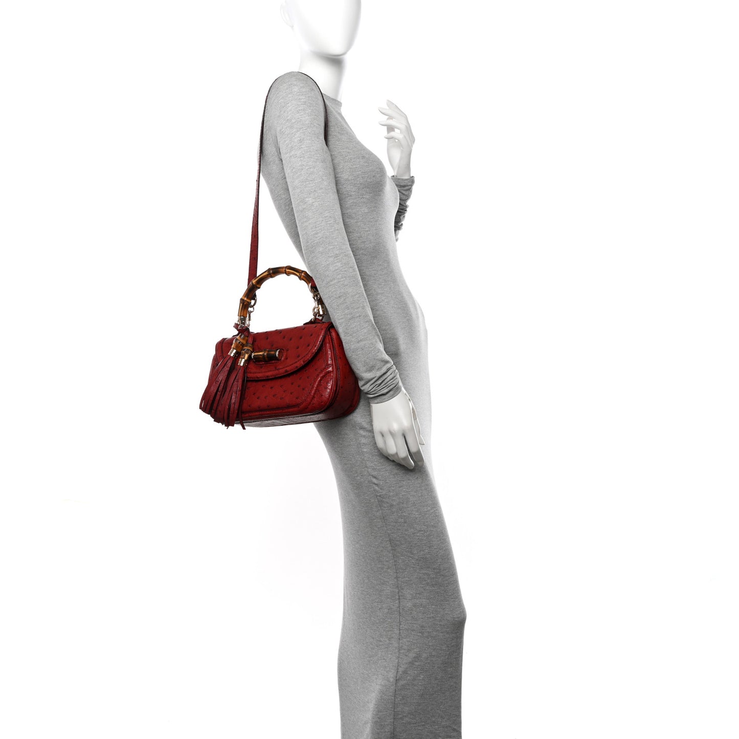 Ostrich Medium New Bamboo Top Handle Bag Red
