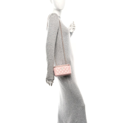 Caviar Quilted Crystal CC Logo Vanity Case With Chain Pink