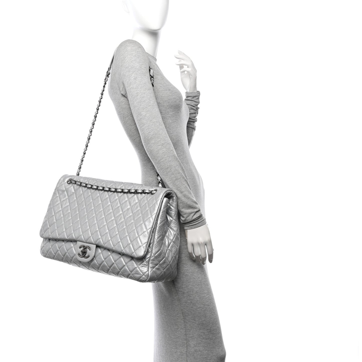 Metallic Calfskin Quilted XXL Travel Flap Bag Silver