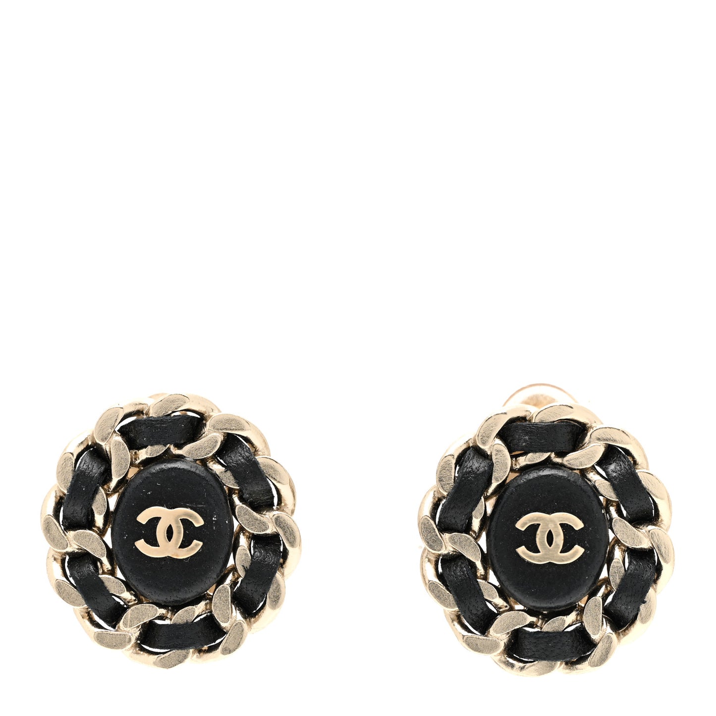 Lambskin Chain Around CC Clip On Earrings Light Gold Black