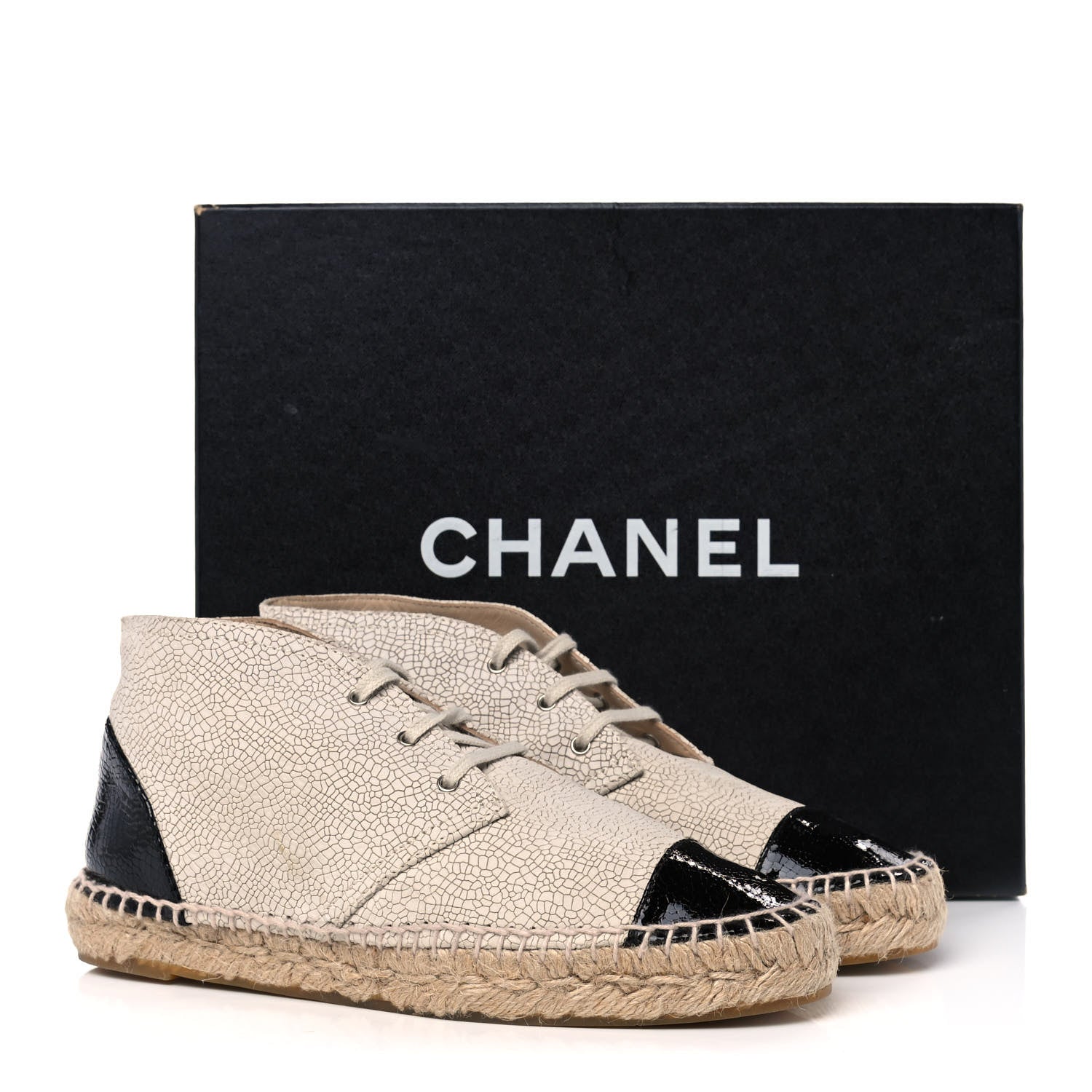 Chanel Crackled Calfskin High Top Espadrilles 38 Light Beige Black 10 of 10