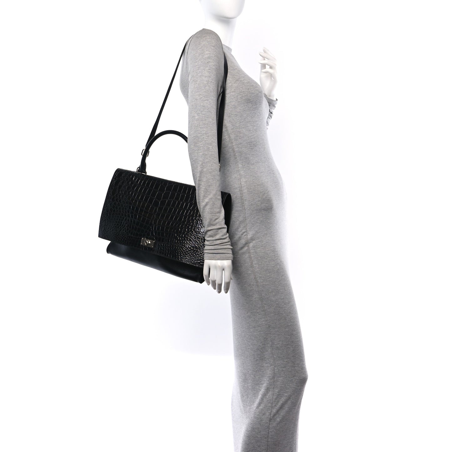 Calfskin Crocodile Embossed Medium Shark Lock Satchel Black