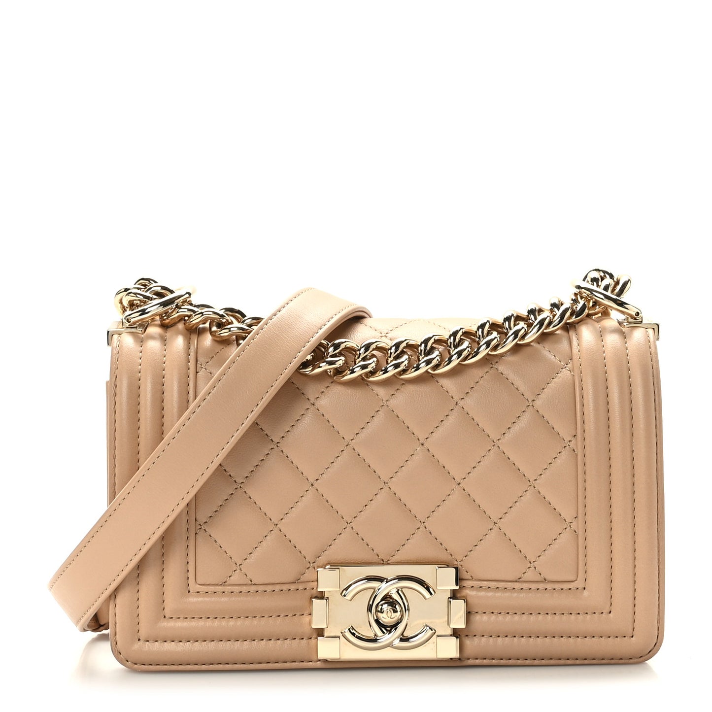 Calfskin Quilted Small Boy Flap Beige