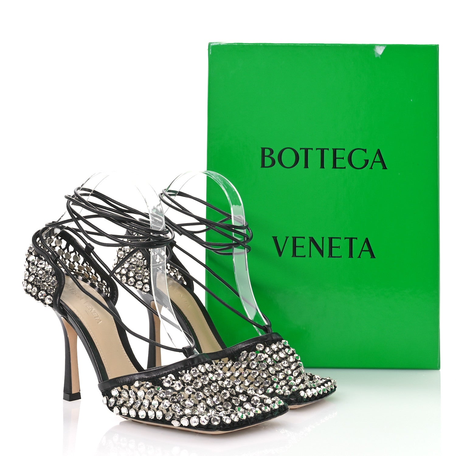 Bottega Veneta Mesh Nappa Crystal Embellished Sparkle Stretch Ankle Tie Sandals 38 Black 8 of 12