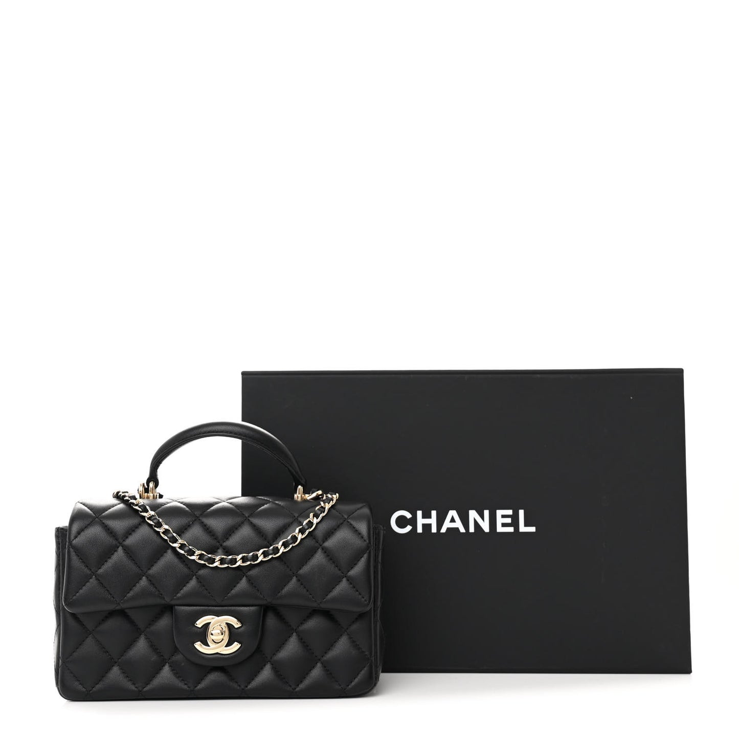 Lambskin Quilted Mini Top Handle Rectangular Flap Black