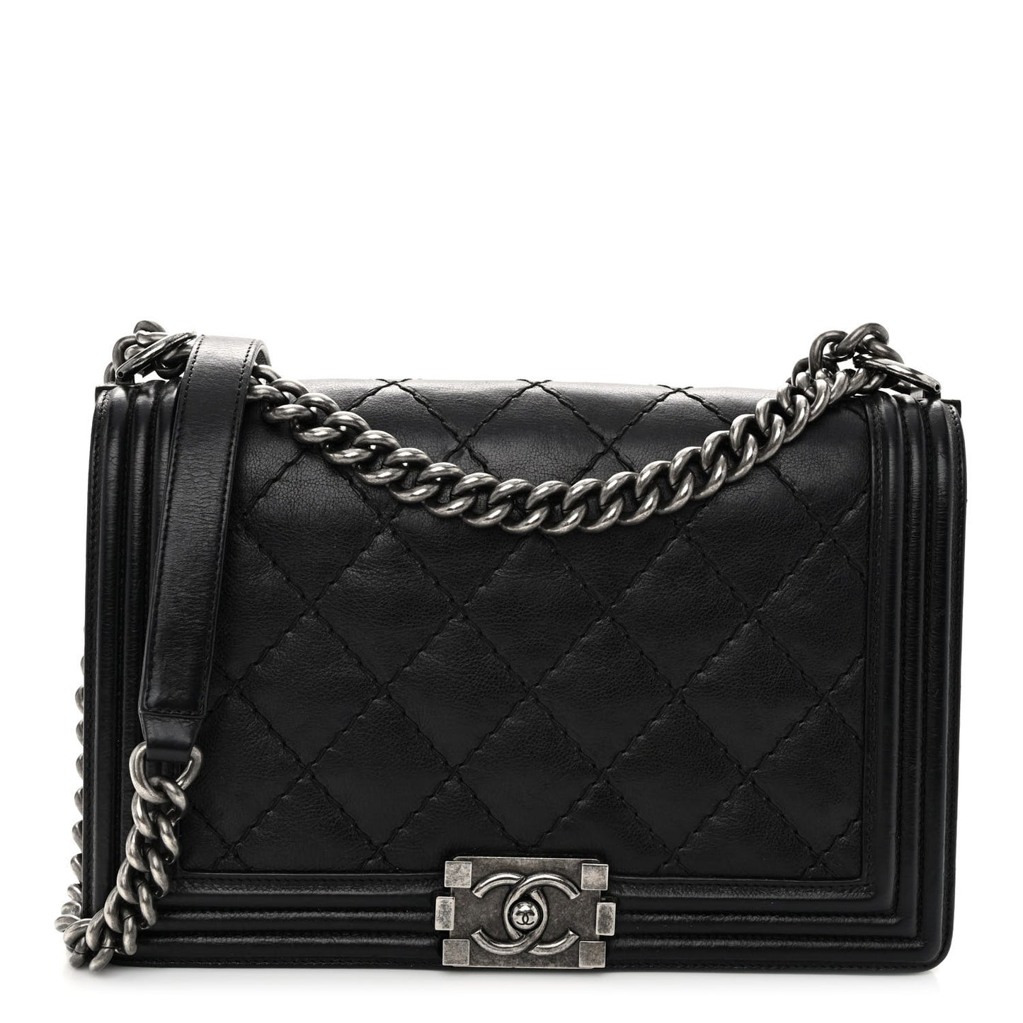 Calfskin Double Stitch Medium Boy Flap Black