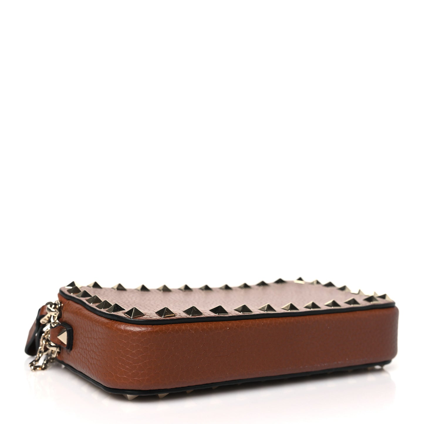 Pebbled Calfskin Rockstud Double Zip Camera Crossbody Bag Tan