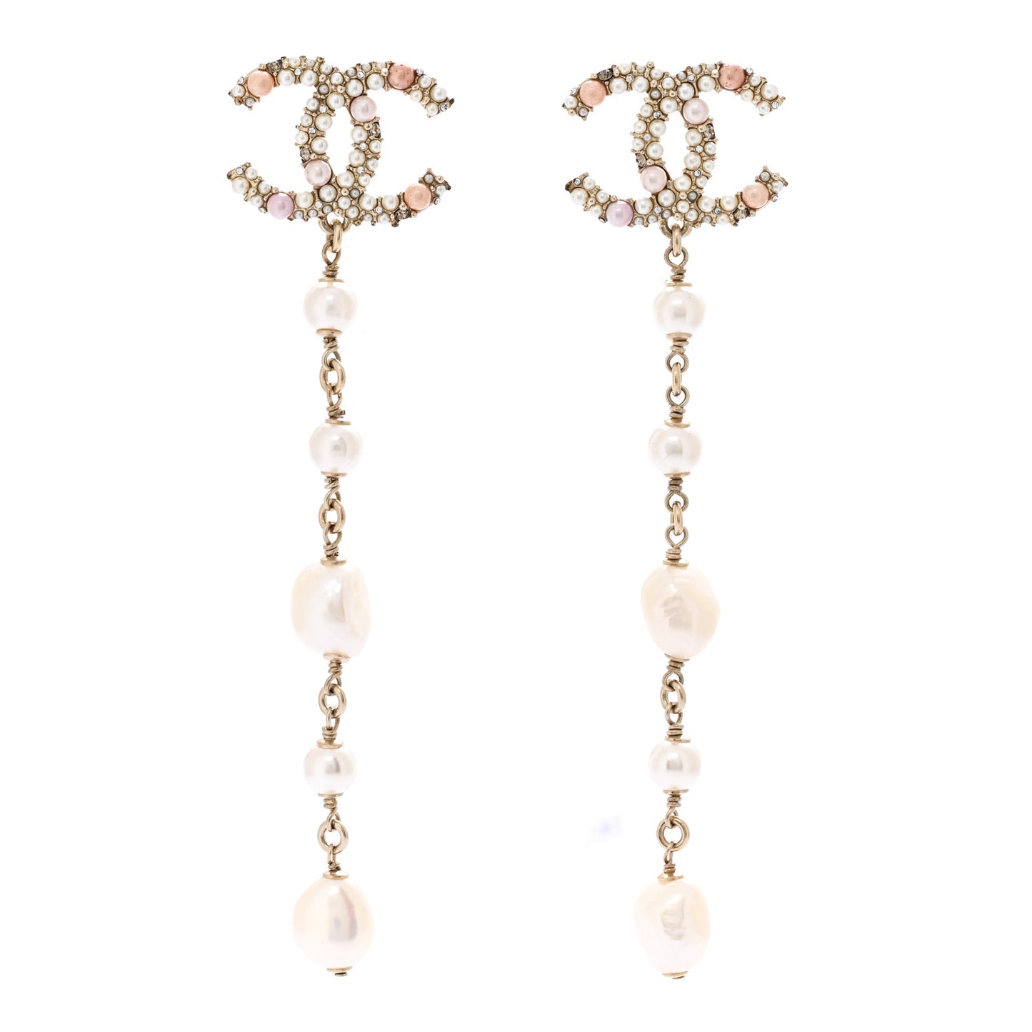 Pearl Crystal CC Charm Drop Earrings Gold Pink Pearly White