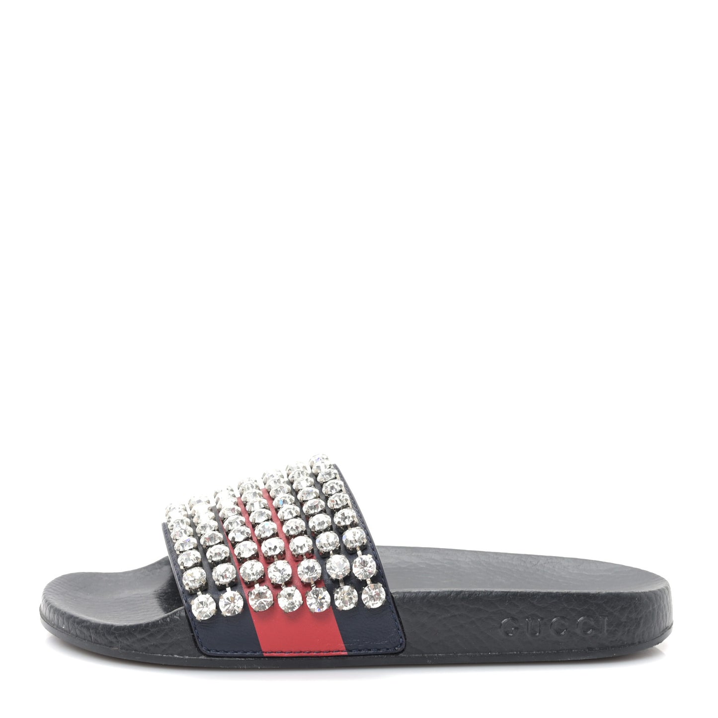Calfskin Crystal Embellished Web Slide Sandals 36 Blue Red