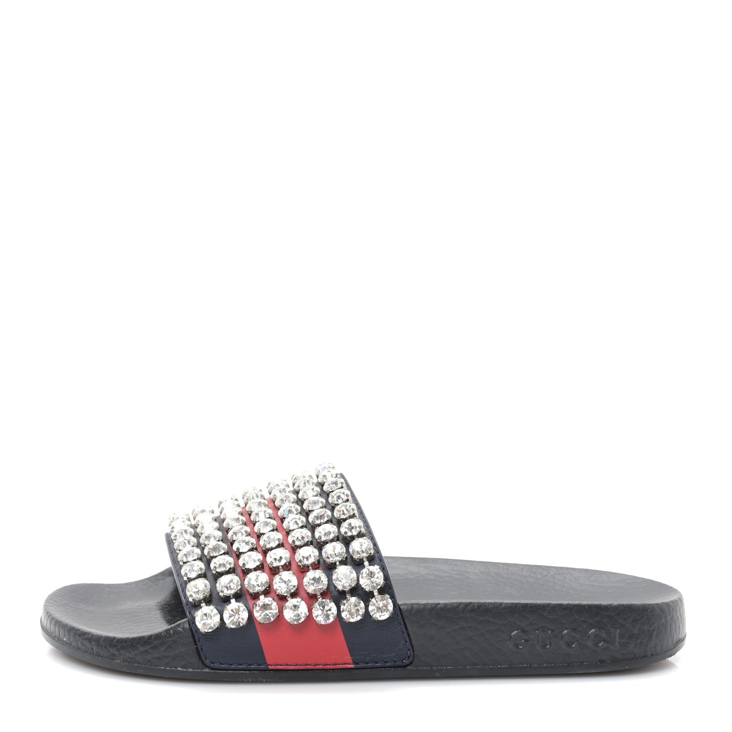 Gucci Calfskin Crystal Embellished Web Slide Sandals 36 Blue Red 1 of 8