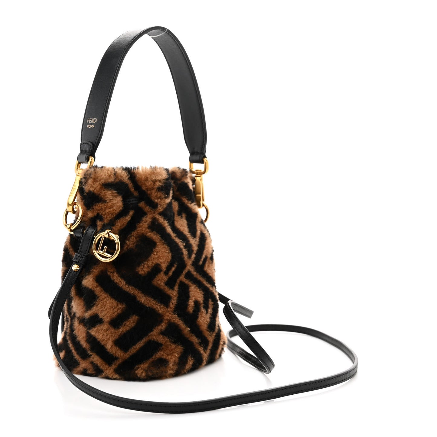 Shearling Vitello Dolce F is Fendi Macro FF 1974 Mini Mon Tresor Bucket Bag Tobacco Black