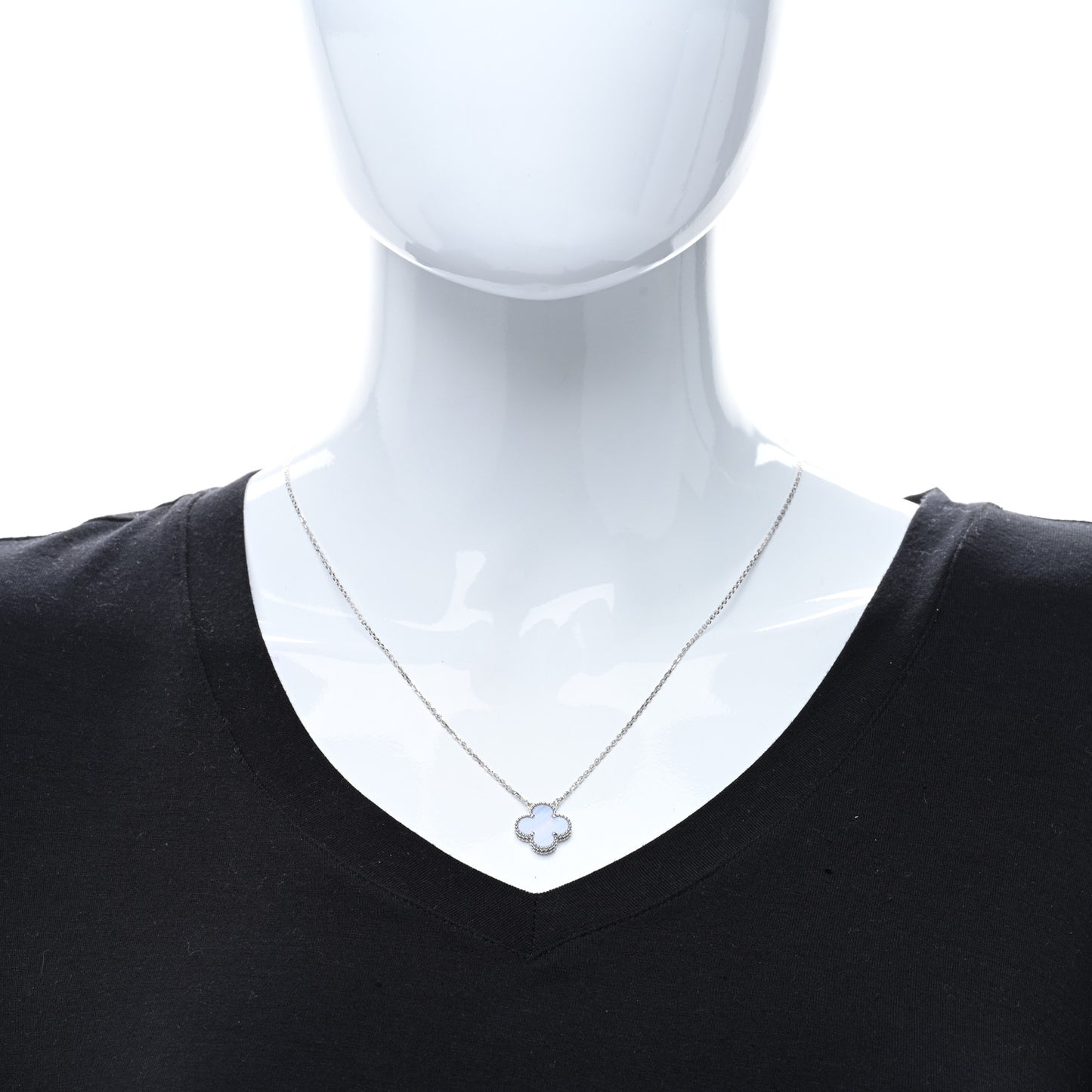 18K White Gold Chalcedony Vintage Alhambra Pendant Necklace