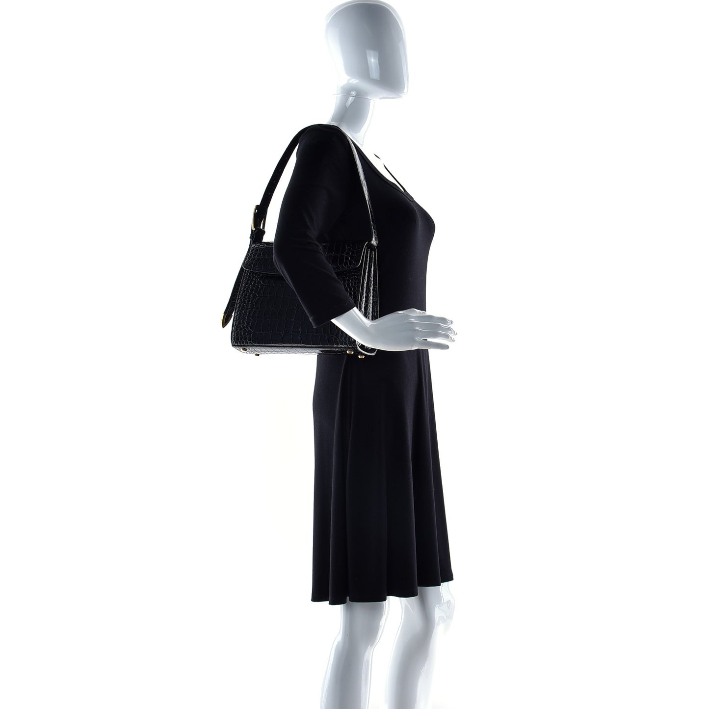 Shiny Calfskin Crocodile Embossed Medium Ghost Shoulder Bag Black