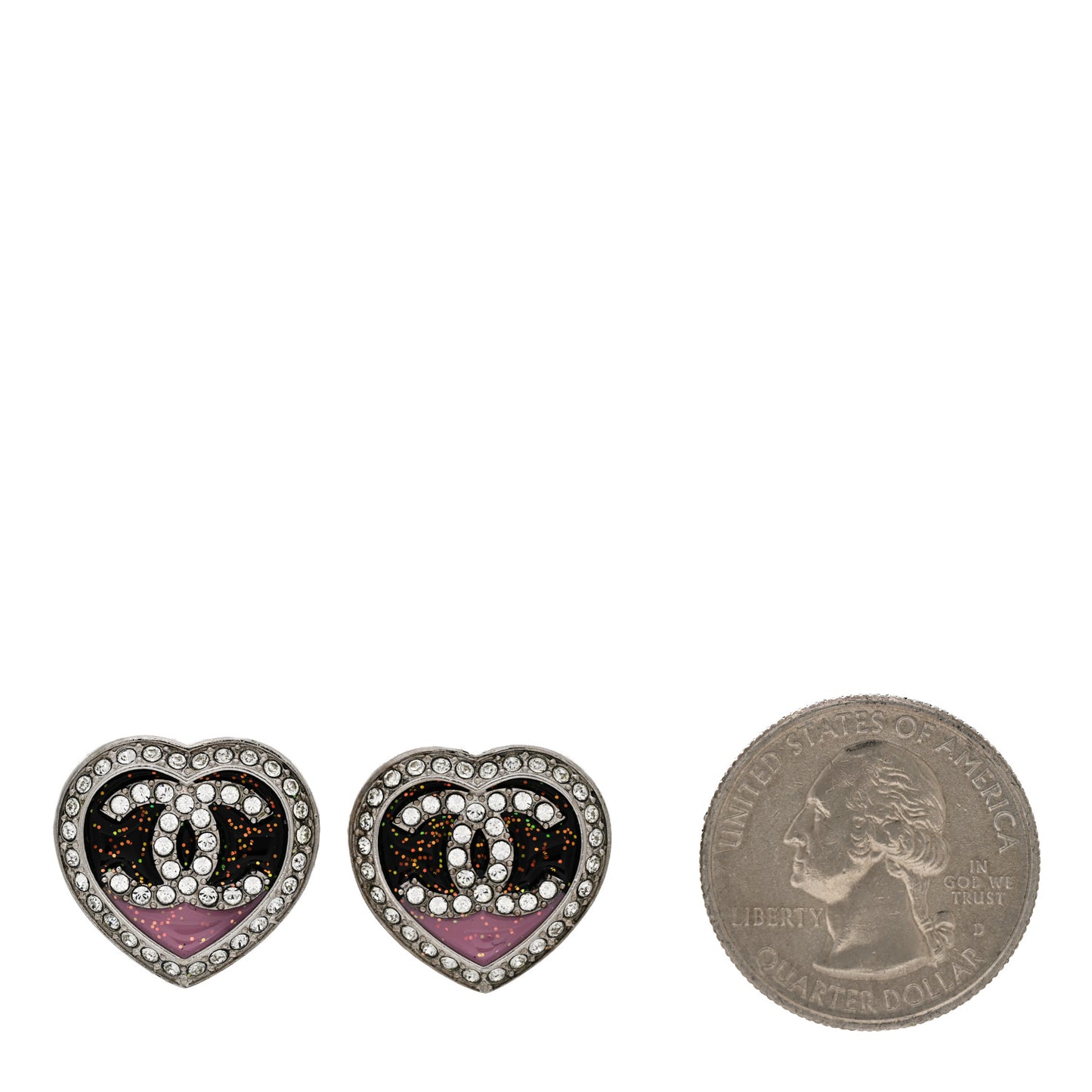 Resin Crystal Glitter CC Heart Stud Earrings Silver Black Pink