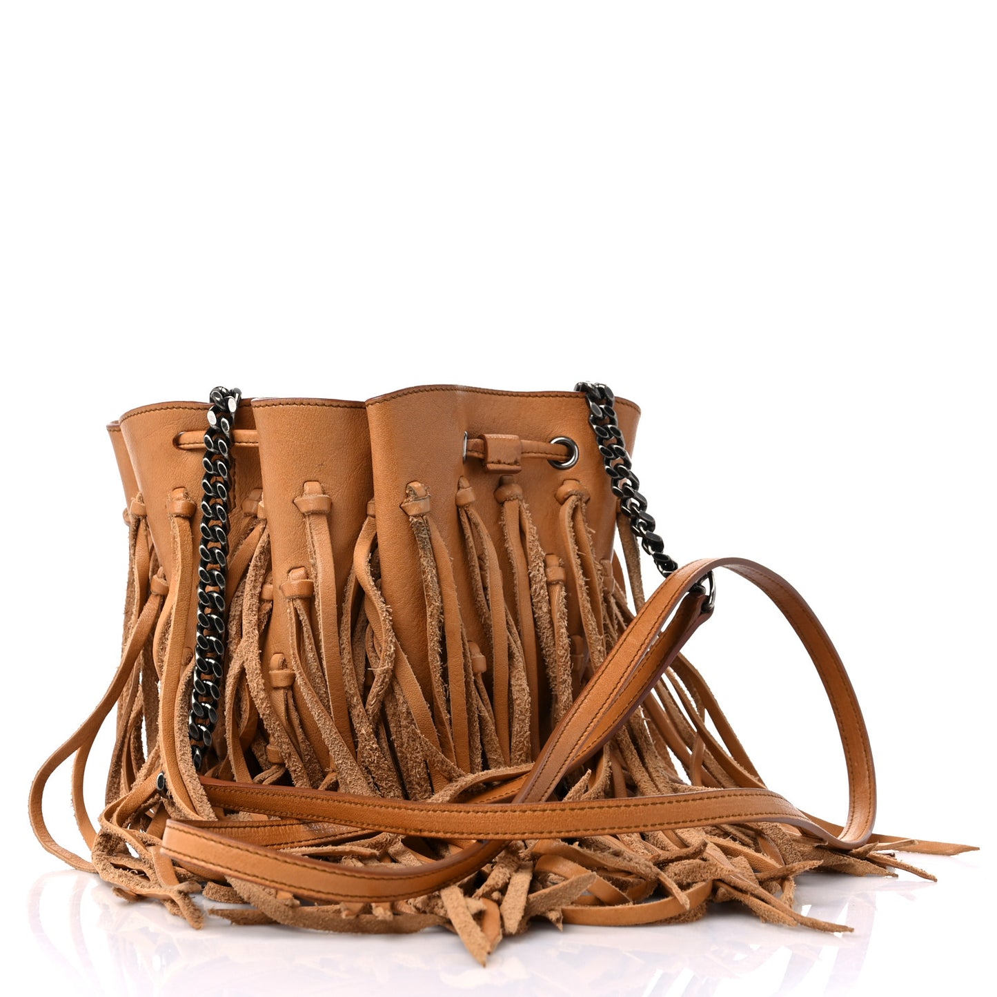 Calfskin Fringe Monogram Mini Bourse Bucket Bag Tan
