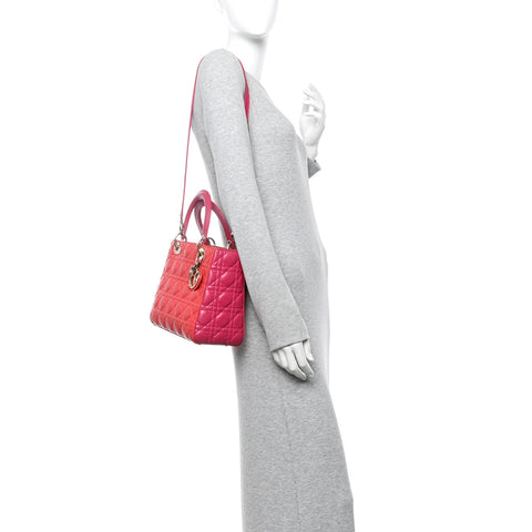 Lambskin Cannage Medium Bi-Color Lady Dior Orange Fuchsia