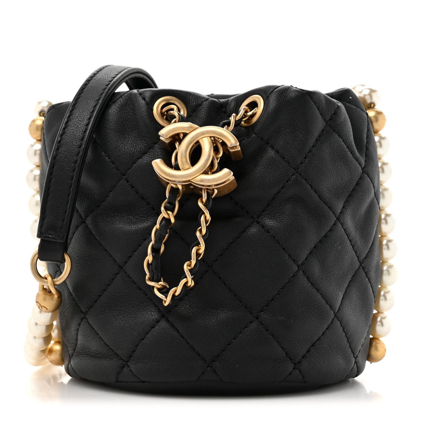 Calfskin Quilted Pearl Mini About Pearls Drawstring Bucket Bag Black