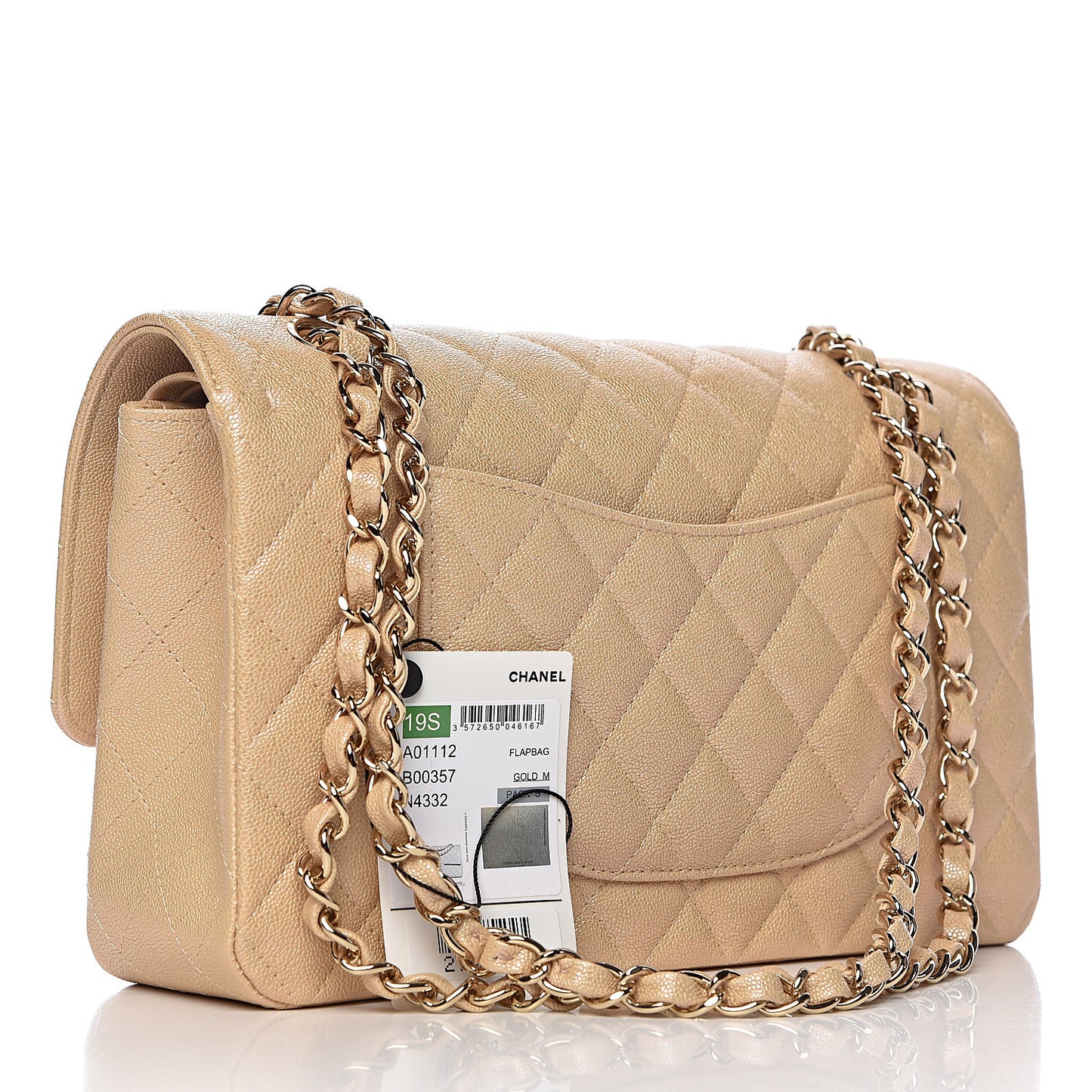 Iridescent Caviar Quilted Medium Double Flap Beige