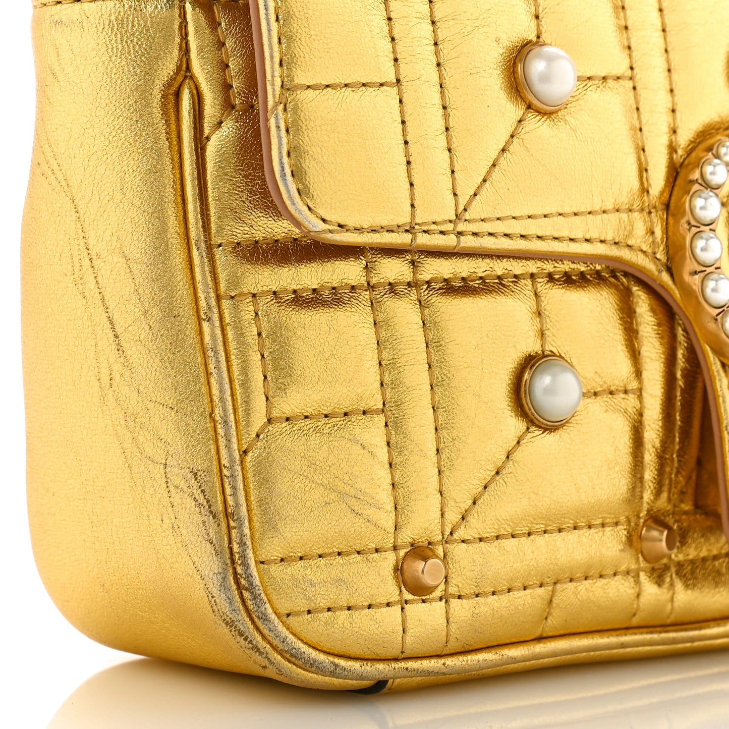 Metallic Calfskin Matelasse Studded Mini Pearly GG Marmont Shoulder Bag Gold
