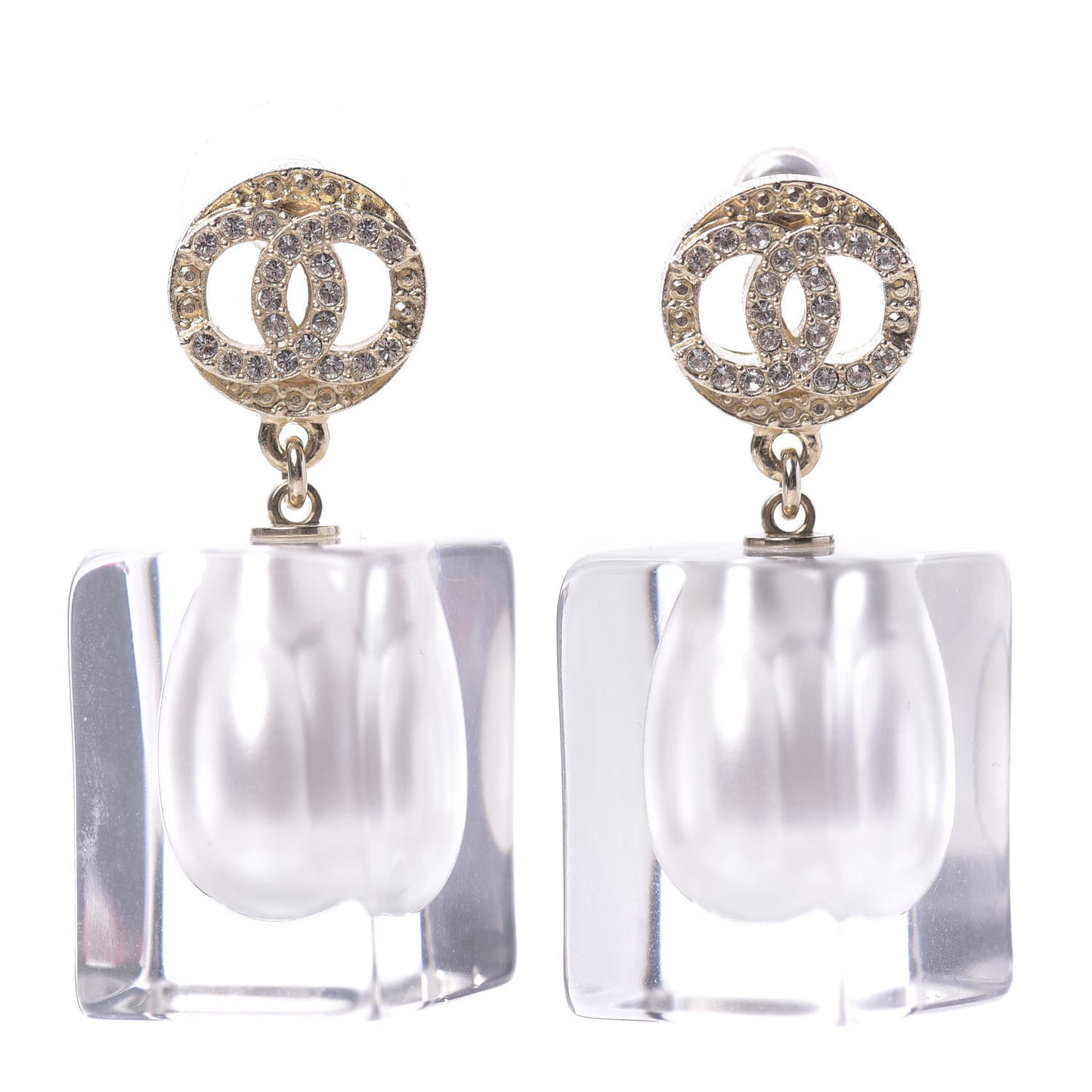 Crystal Lucite Pearl CC Drop Earrings Gold