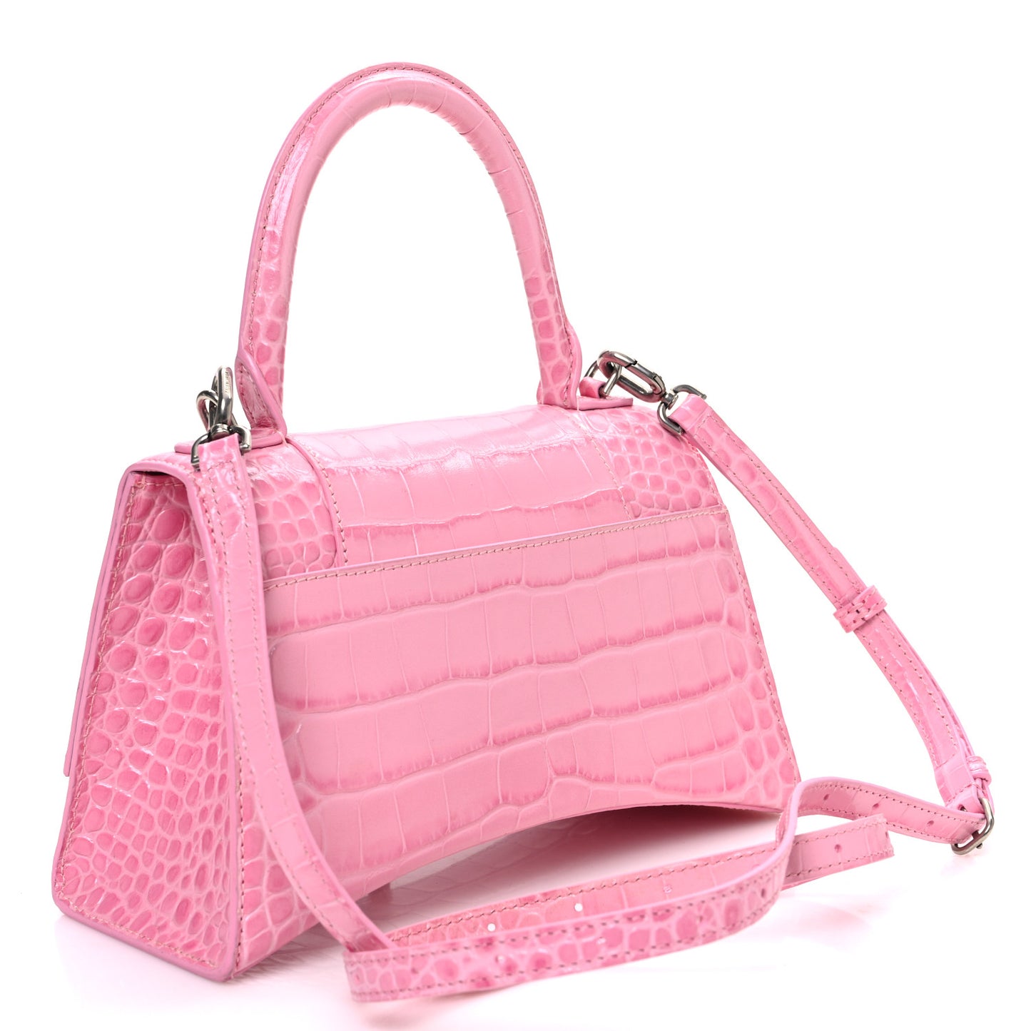 Shiny Calfskin Crocodile Embossed Small Hourglass Top Handle Bag Candy Pink