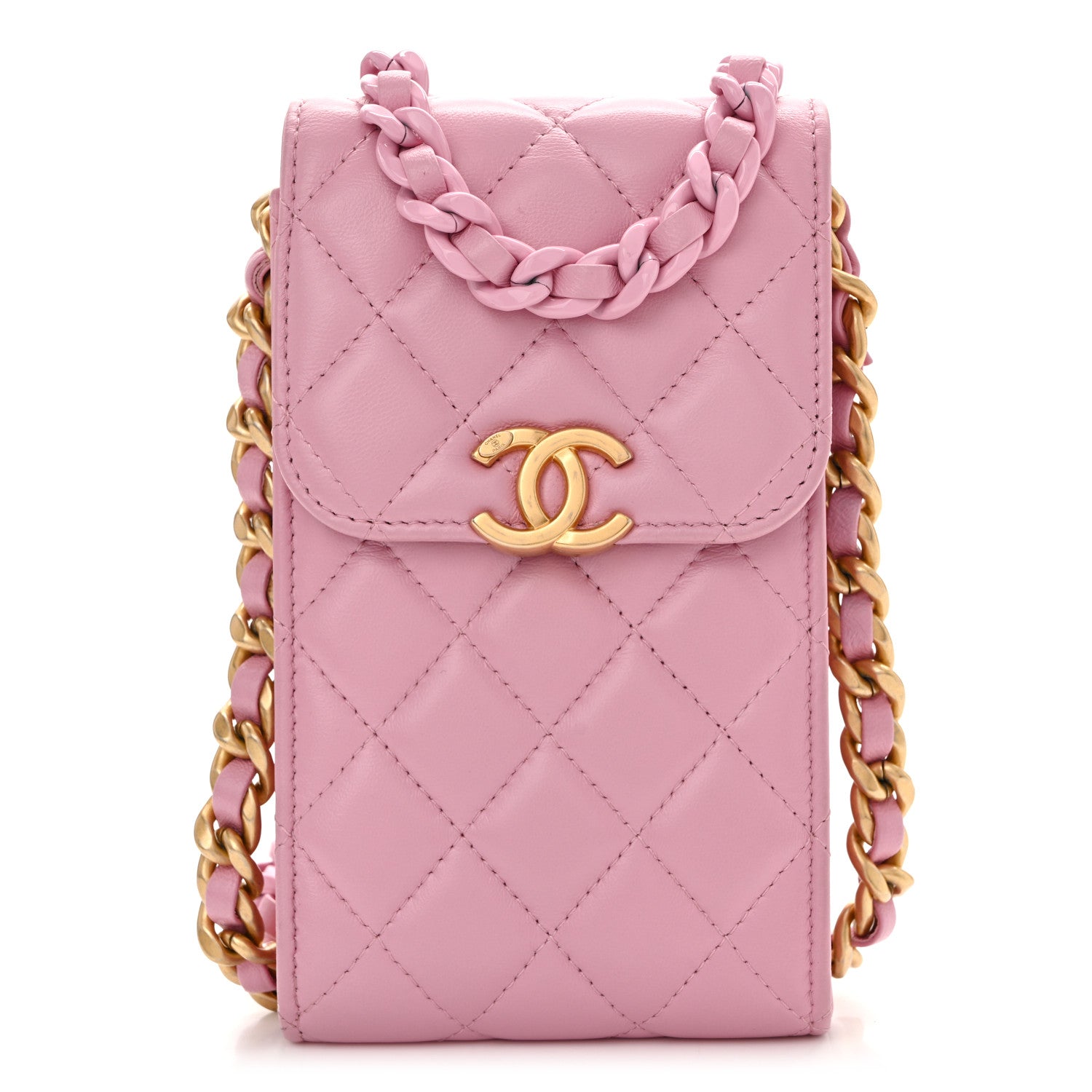 Chanel Lambskin Quilted Lacquered Chain Phone Holder With Chain