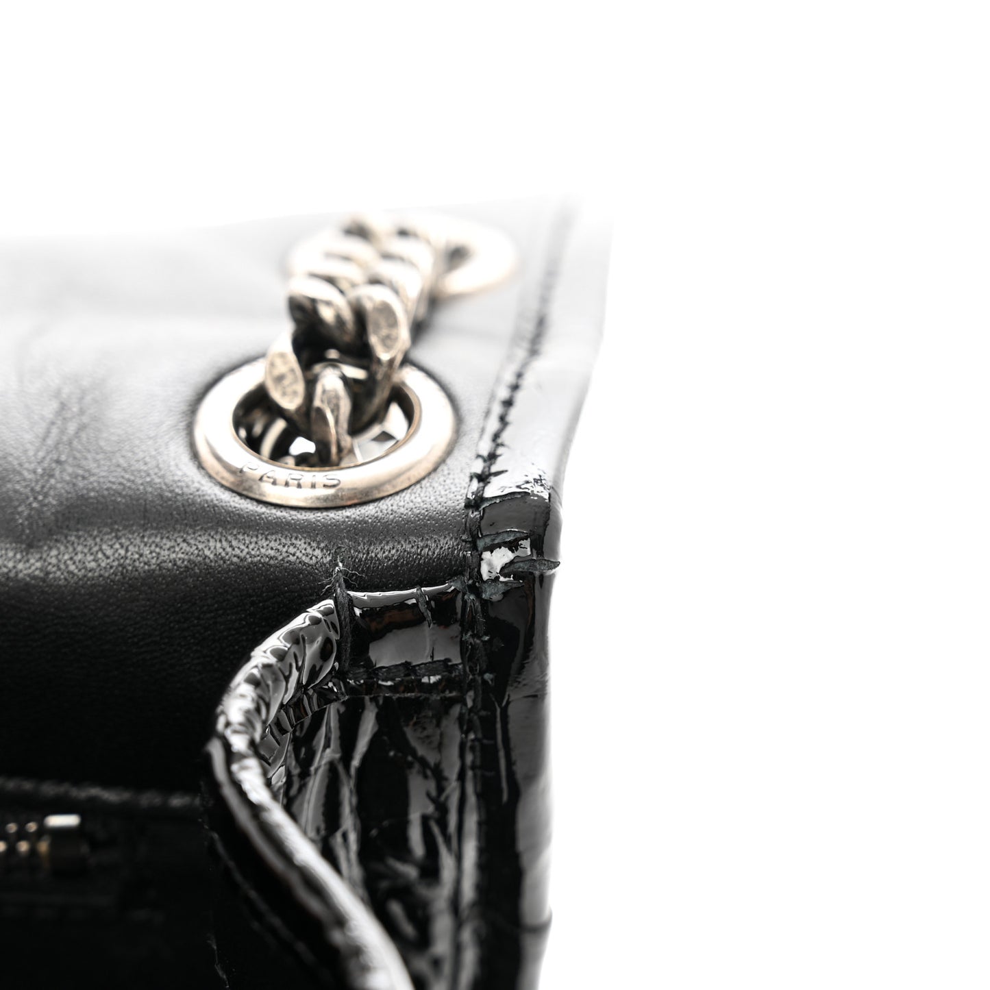 Patent Crocodile Embossed Lambskin Monogram Medium Niki Chain Satchel Black