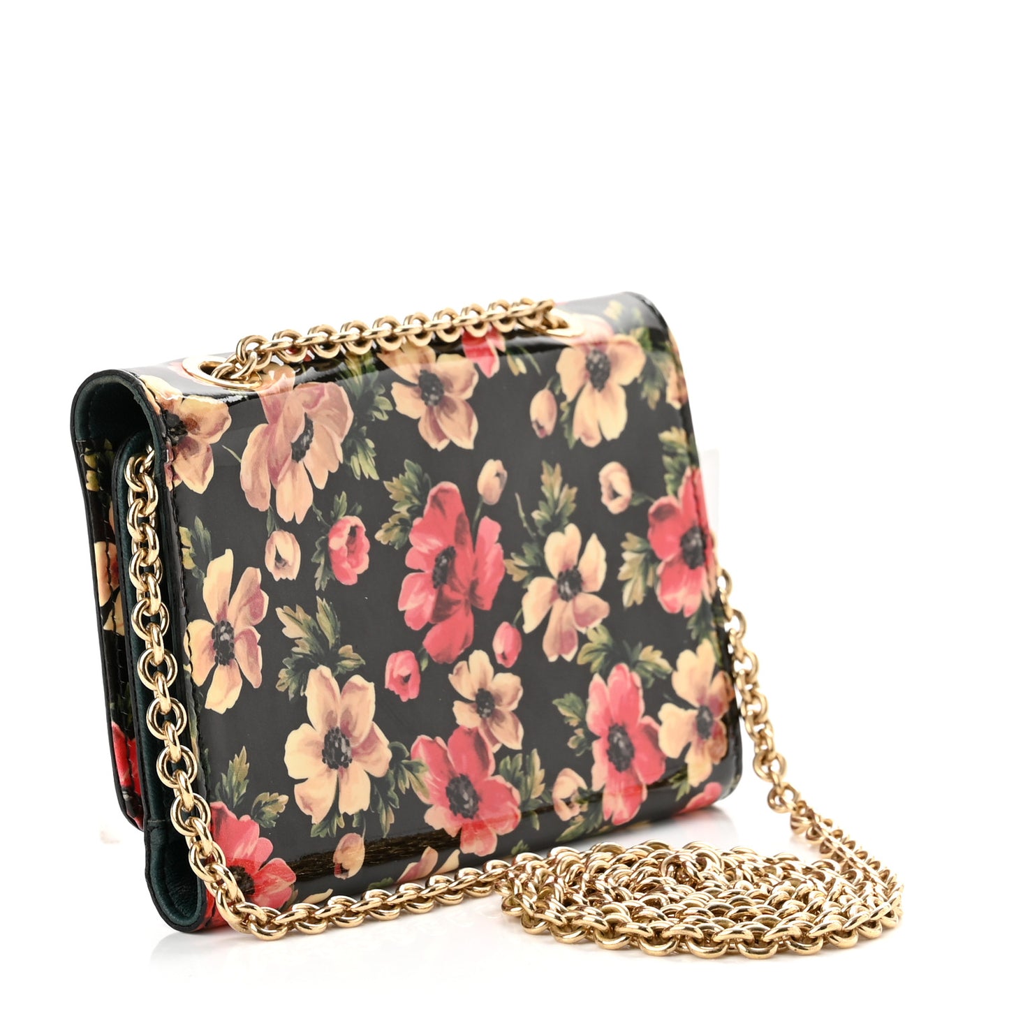 Patent Floral Print Wallet On Chain Black Multicolor