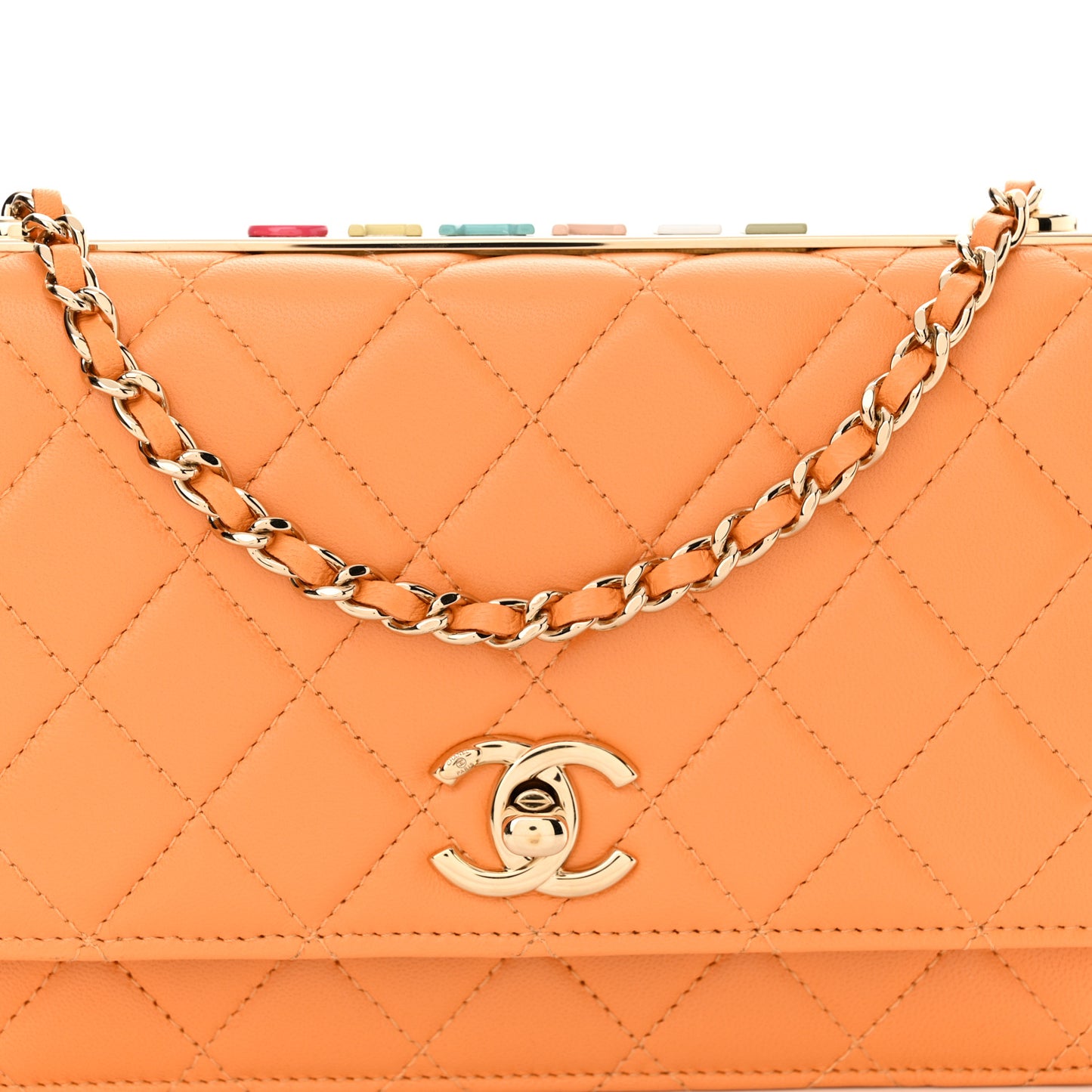 Lambskin Lacquered Quilted Trendy CC Wallet On Chain WOC Orange