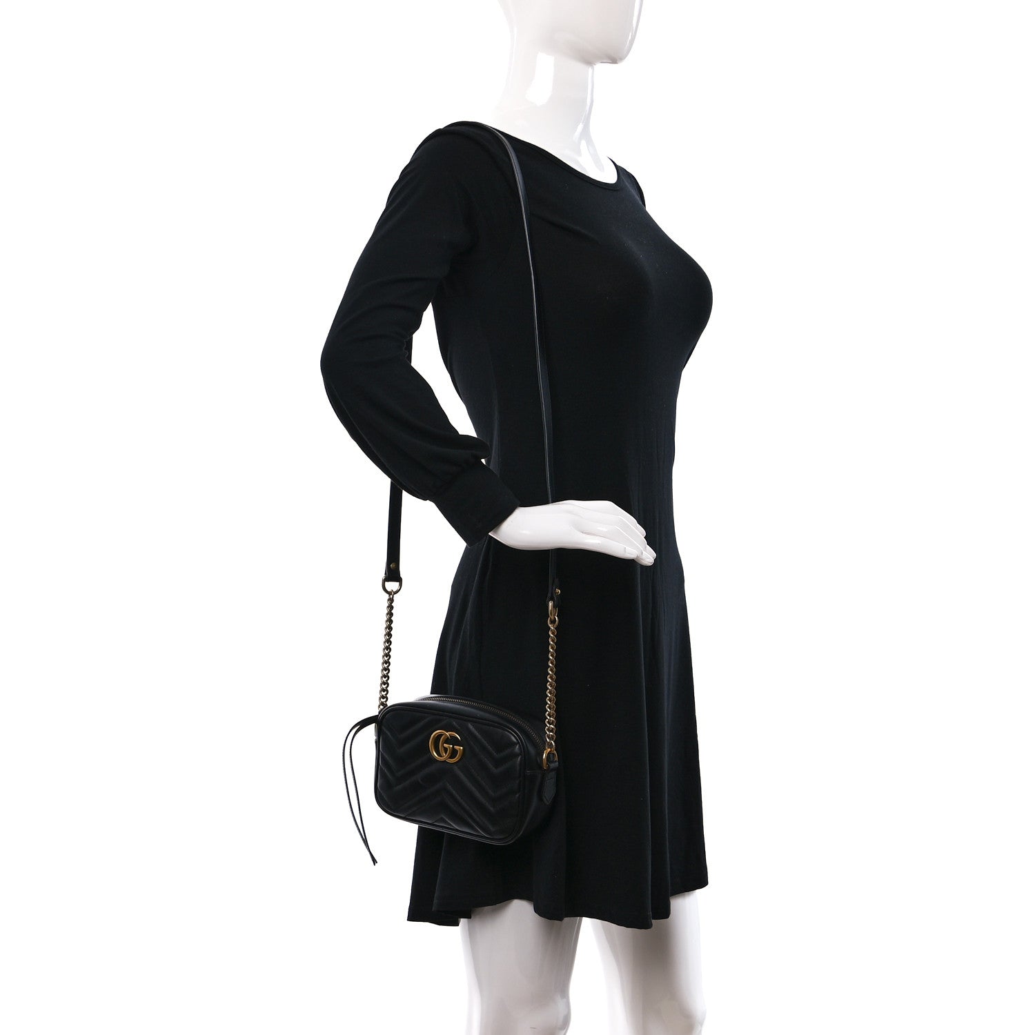 Gucci Calfskin Matelasse Mini GG Marmont Chain Shoulder Bag Black 2 of 11