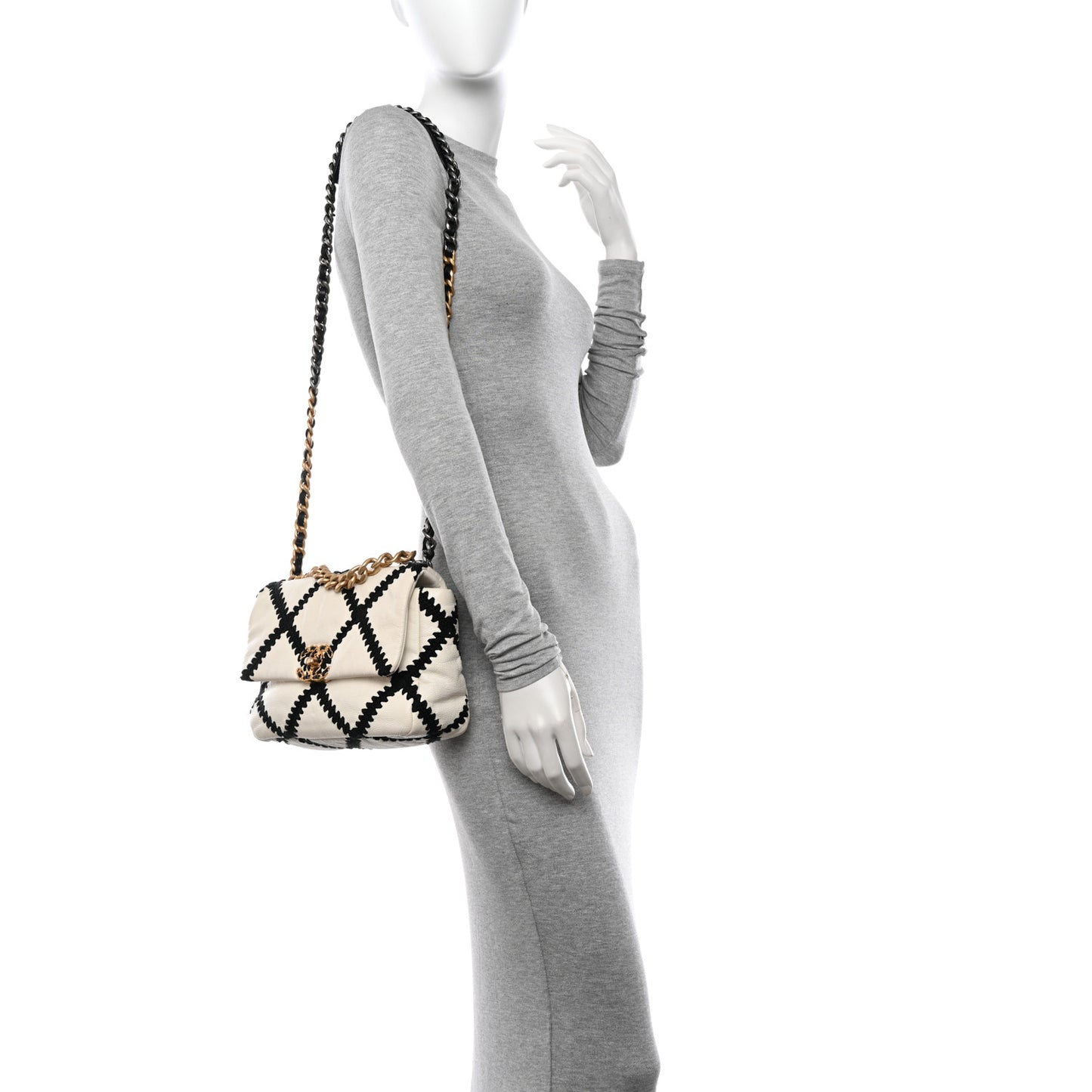 Calfskin Crochet Medium Chanel 19 Flap White Black