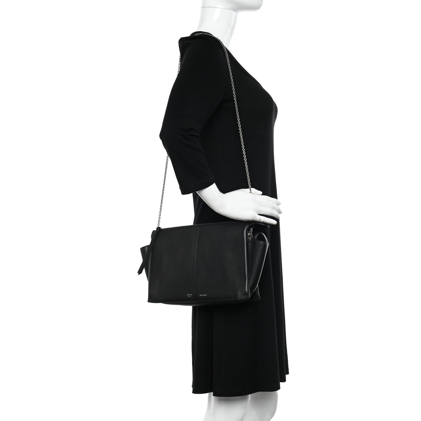 Smooth Calfskin Tri-Fold Clutch on Chain Black