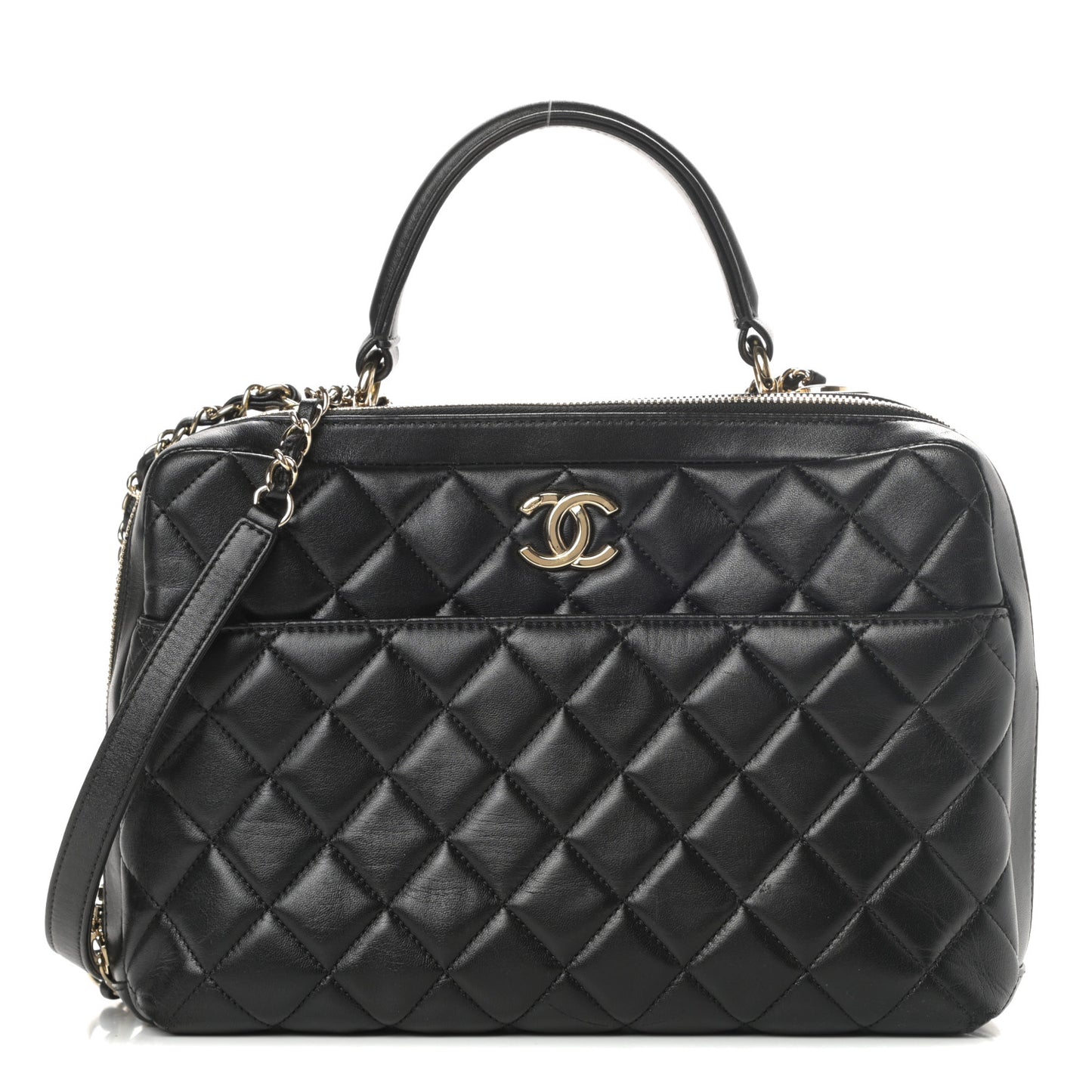 Lambskin Quilted Large Trendy CC Bowling Bag Black