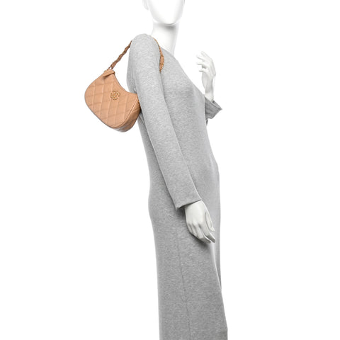 Crumpled Calfskin Quilted Braided CC Hobo Beige