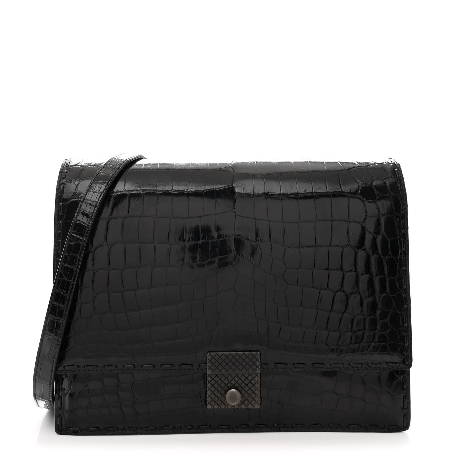 Bottega Veneta Crocodile Accordion Flap Shoulder Bag Black 1790208