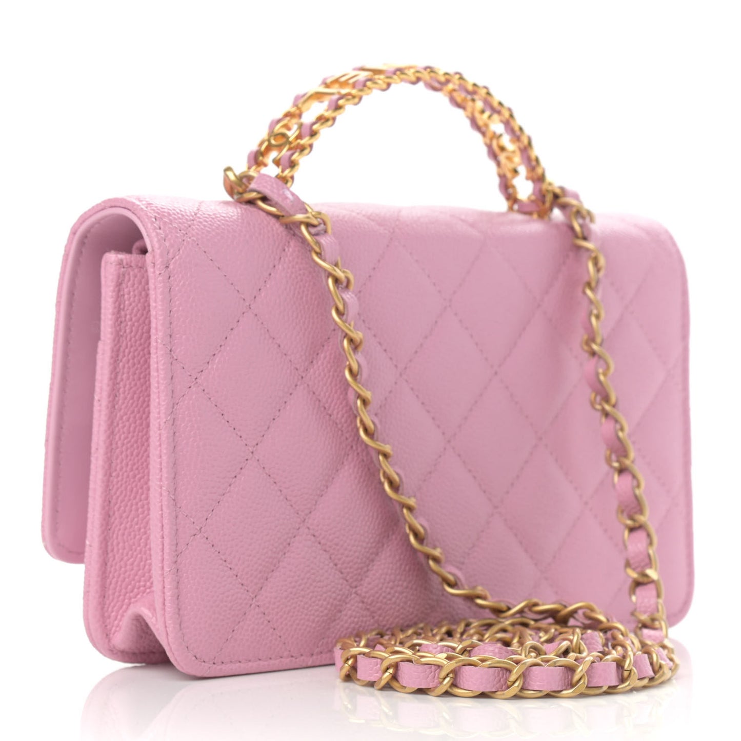 Shiny Caviar Quilted Pick Me Up Wallet On Chain WOC Pink