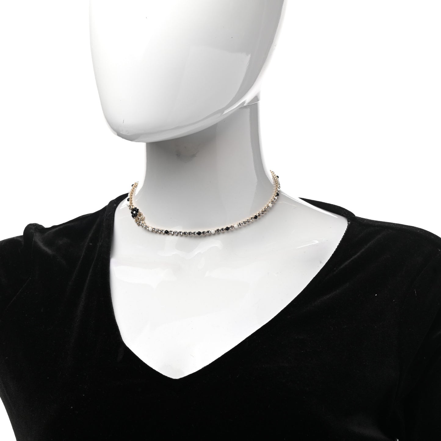 Crystal Pearl Glass Beaded CC Short Necklace Gold White Black