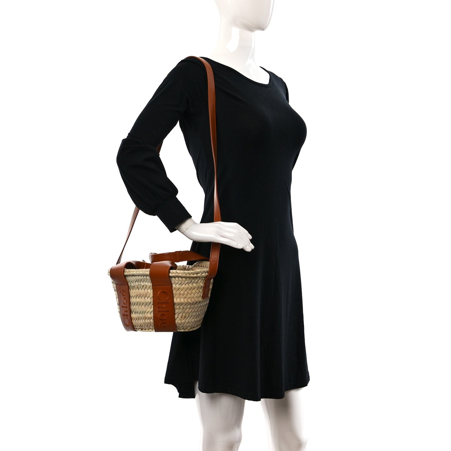 Raffia Smooth Calfskin Small Sense Basket Caramel