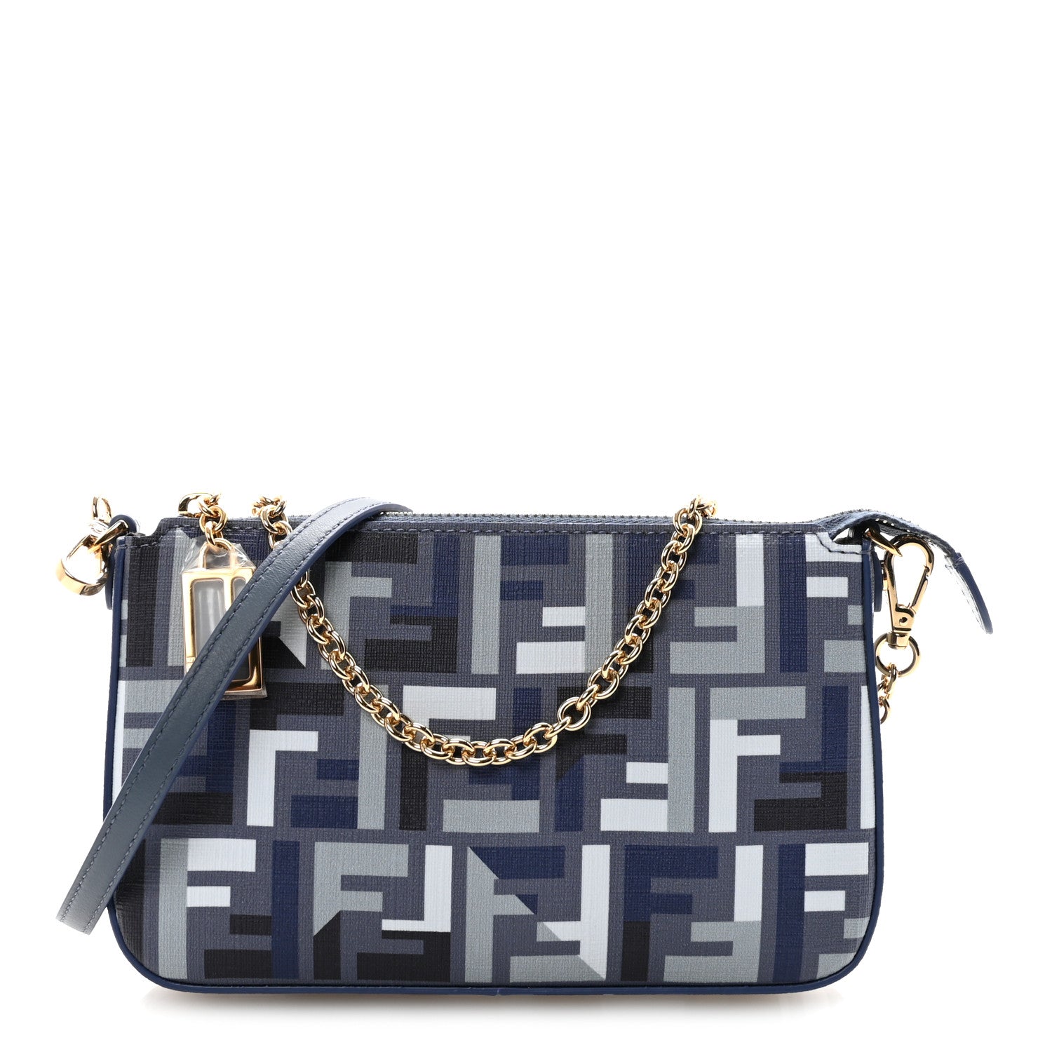 Fendi Fabric Jacquard Vitello Grace FF 1974 Baguette Pouch Blue