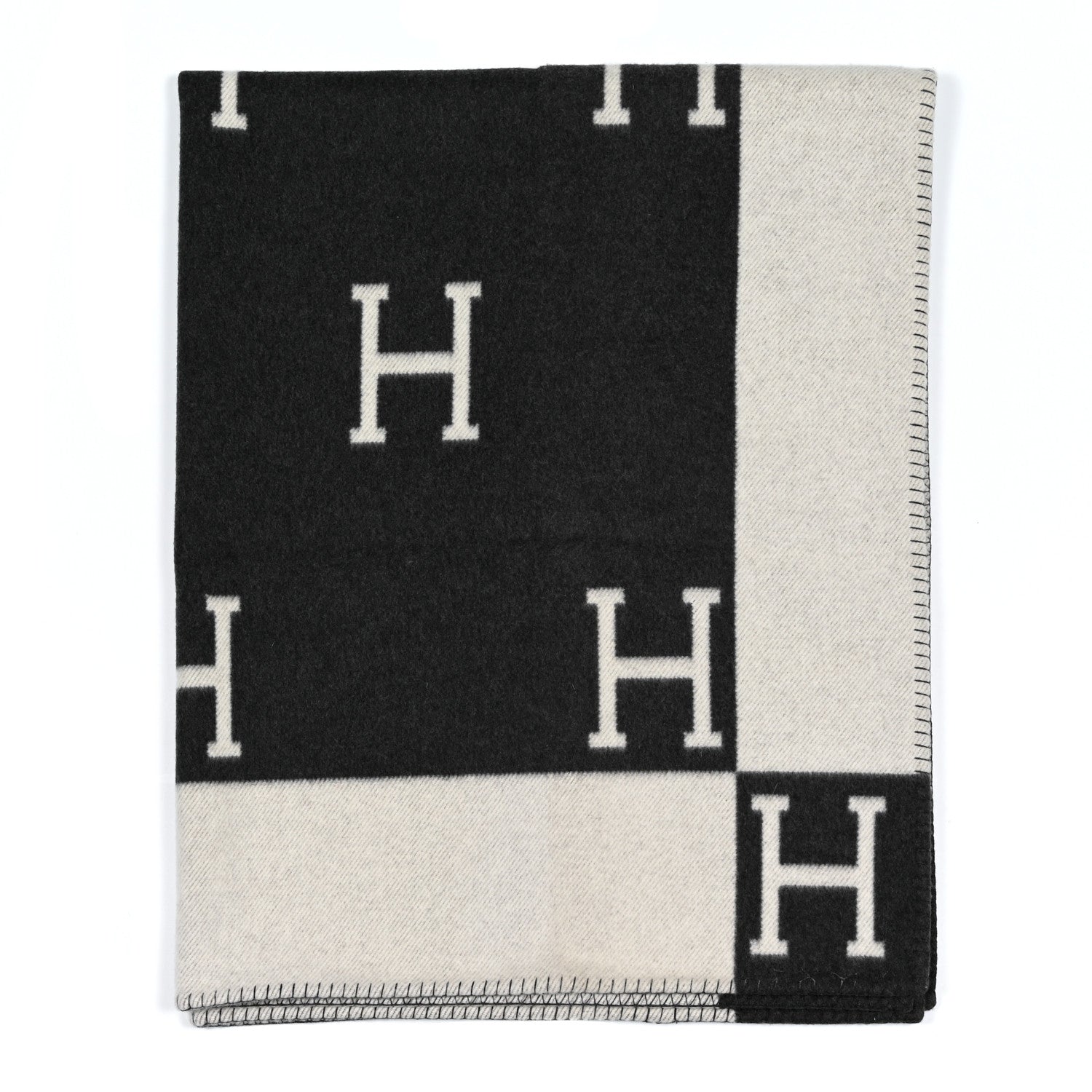 Hermes Wool Cashmere Avalon Signature Blanket Ecru Gris Fonce 1 of 3