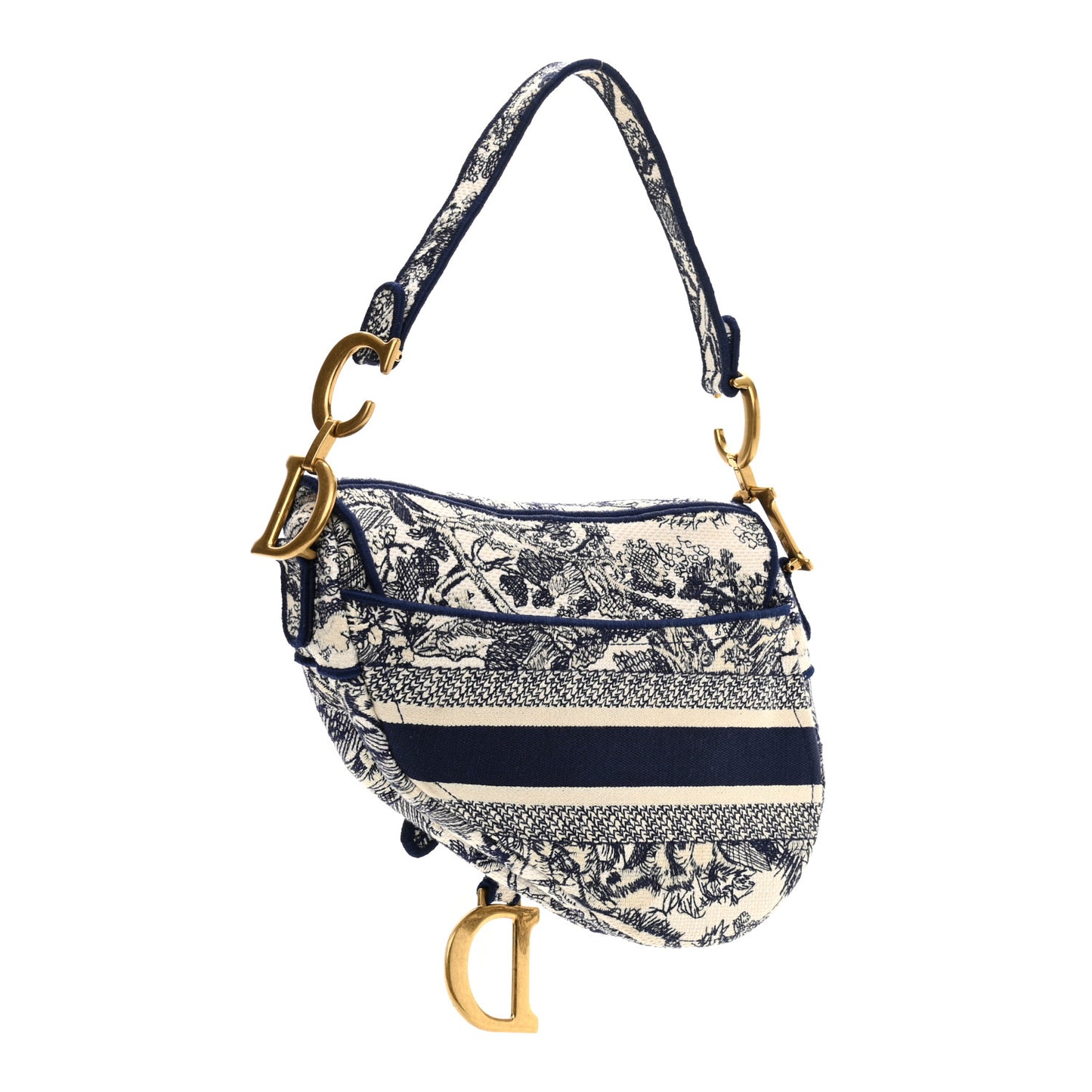 Canvas Embroidered Toile de Jouy Saddle Bag Blue