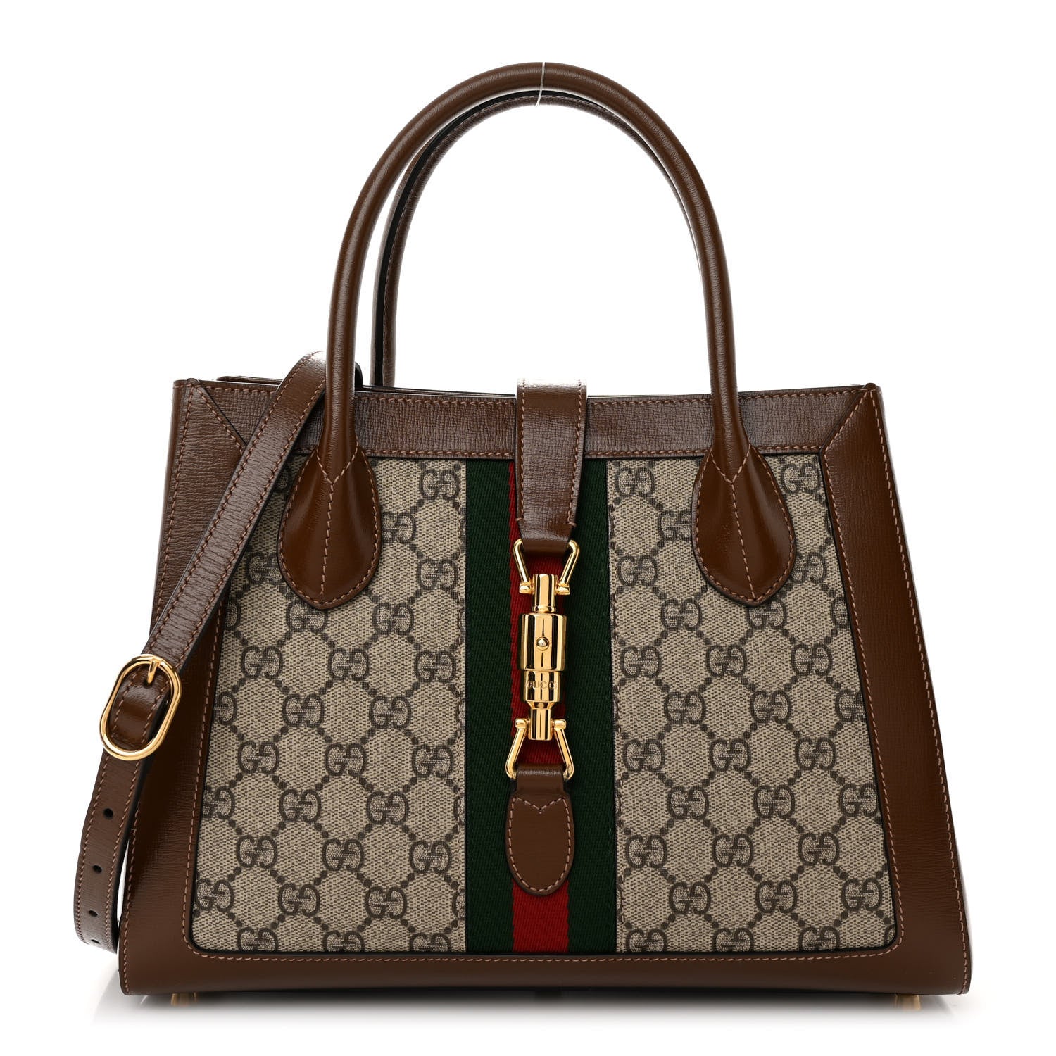 Gucci GG Supreme Monogram Azalea Calfskin Web Medium Jackie 1961 Tote Beige Ebony Brown Sugar 1 of 12